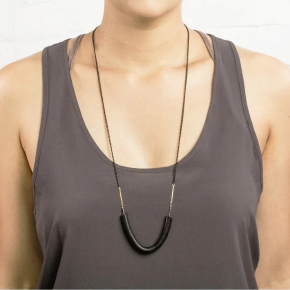 Beaded Long Necklace Black and Brass by Betsy & Iya